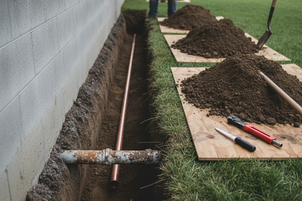Excavated water line trench during Sewer Line Repair in Palatine